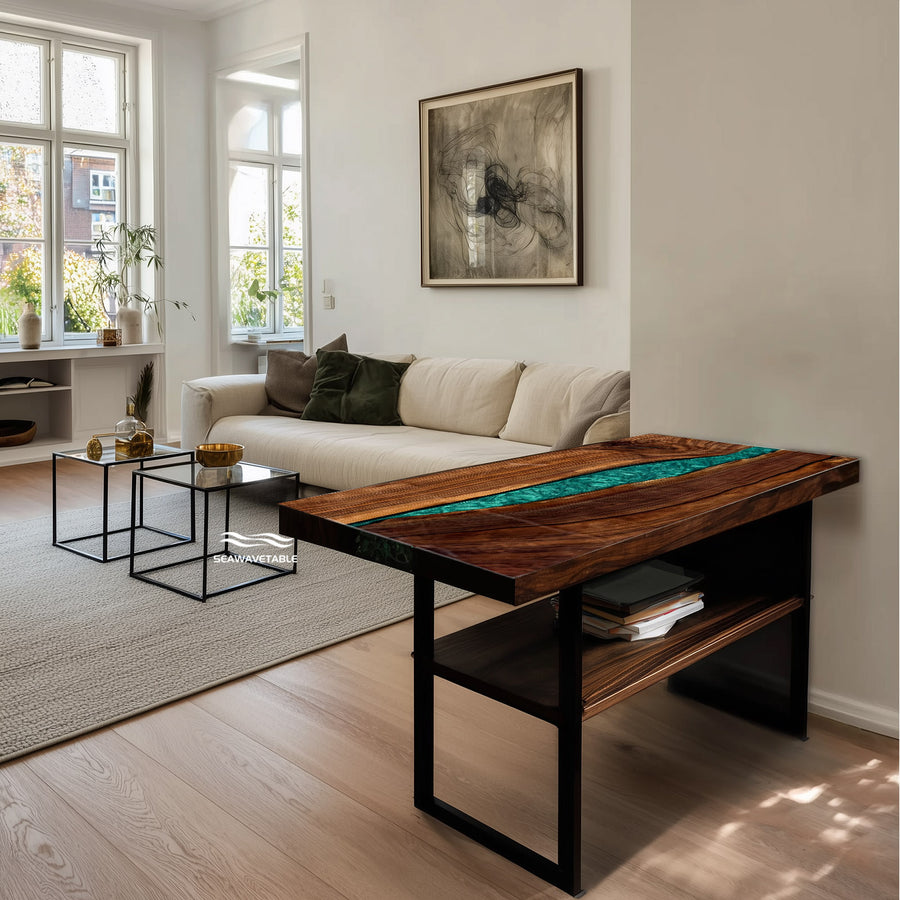 Modern epoxy resin console table with walnut wood and turquoise resin river