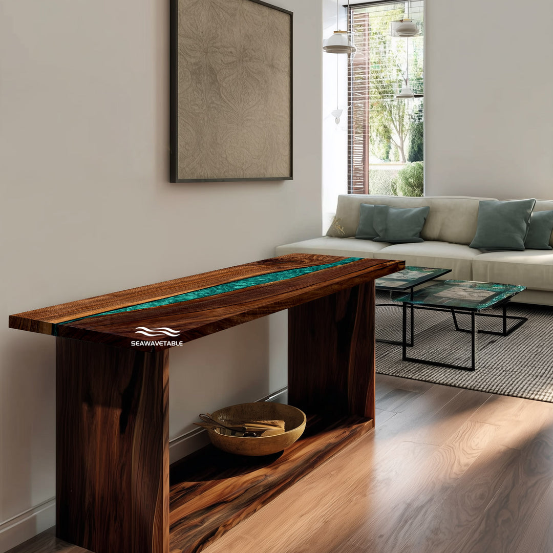 Handmade epoxy resin hallway table with natural wood grain and resin inlay.