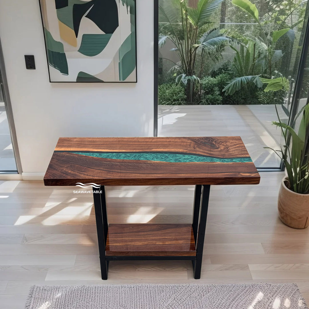 Custom epoxy resin entryway table with walnut slab and glossy resin river