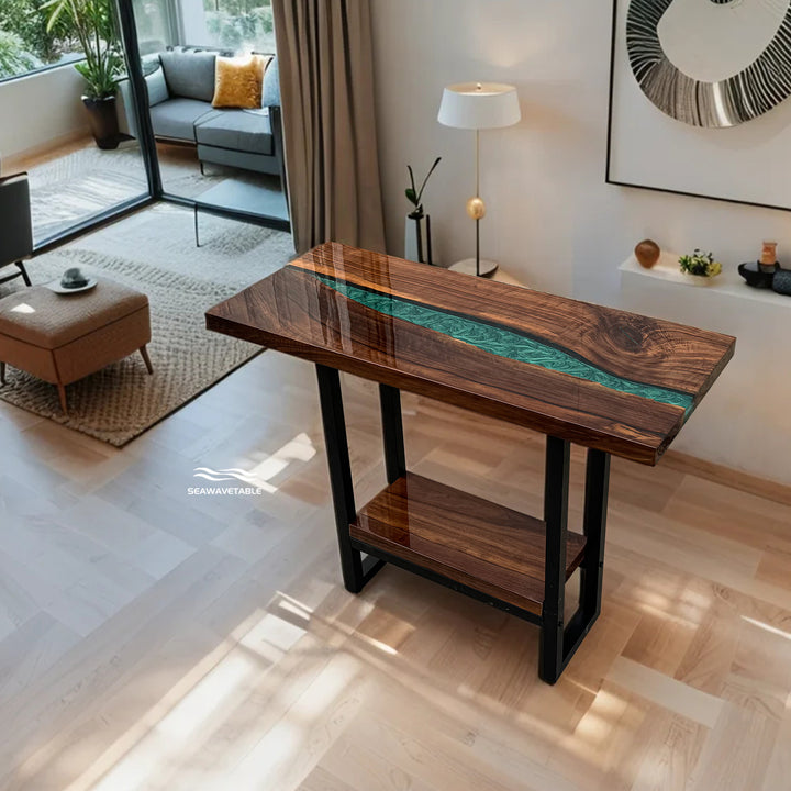 Epoxy river console table for living room or hallway with modern design.