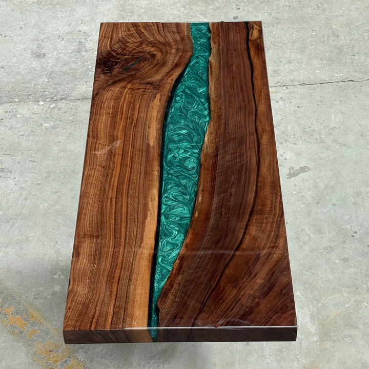 Unique epoxy resin console table with rectangular shape and live edge option.