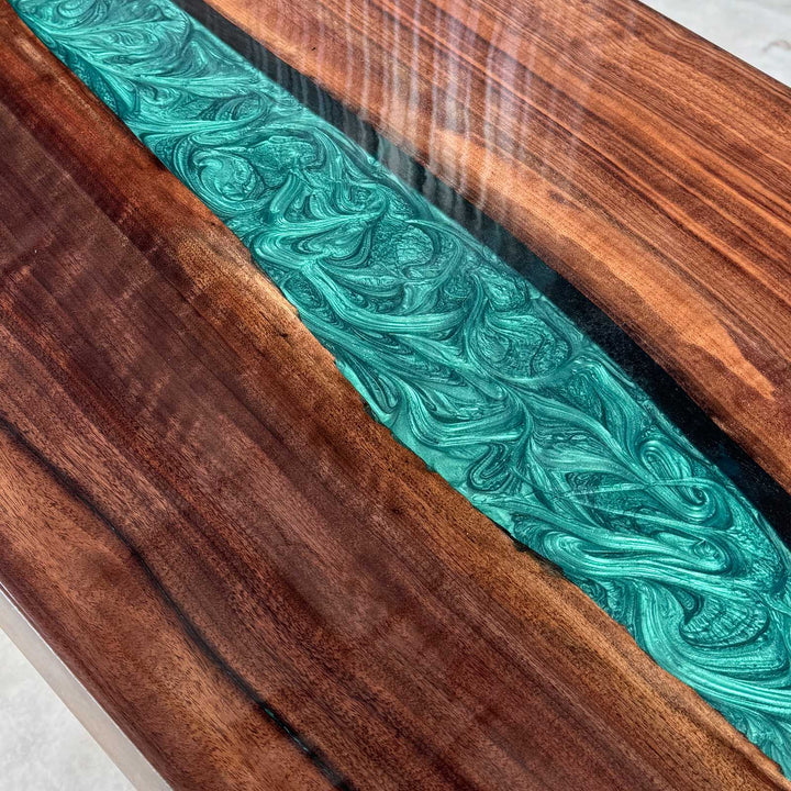 Epoxy resin entry table with elegant wooden slab and glossy resin.