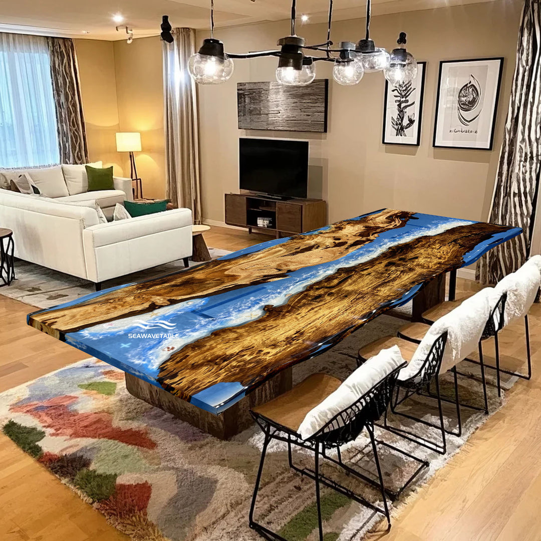 Oversized luxury resin river dining table with ocean wave epoxy design