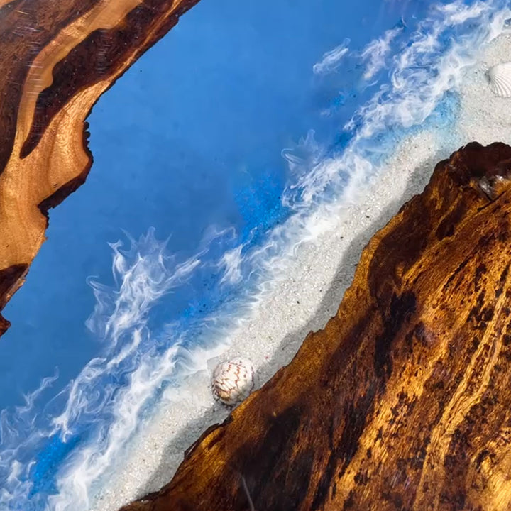 Luxury modern epoxy resin river dining table with ocean wave details