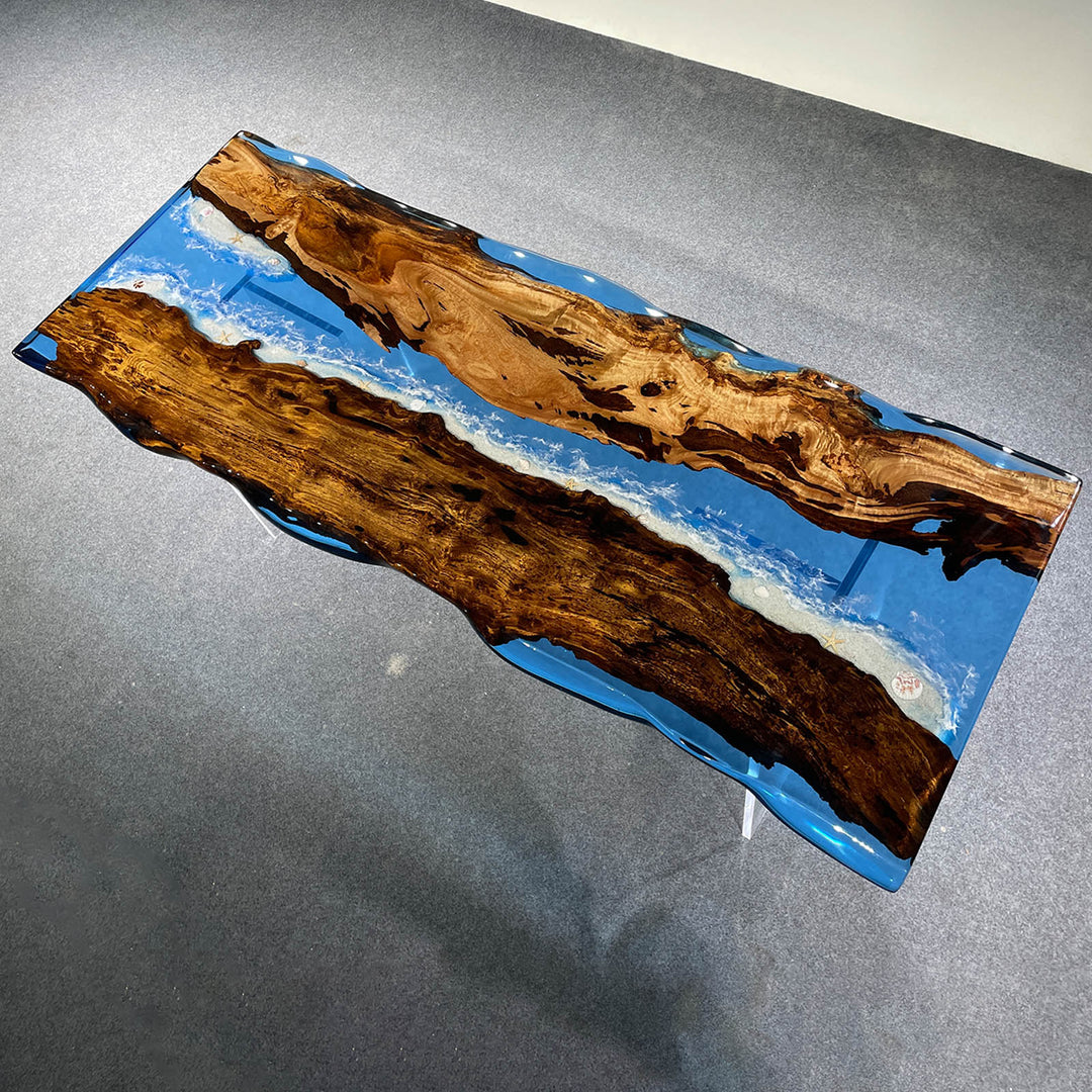 Custom epoxy resin dining table with live edge walnut and ocean waves