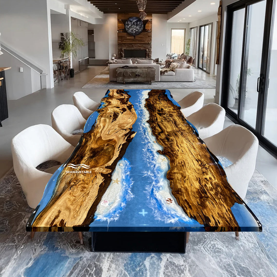 Handmade walnut wood epoxy resin river table for modern dining room