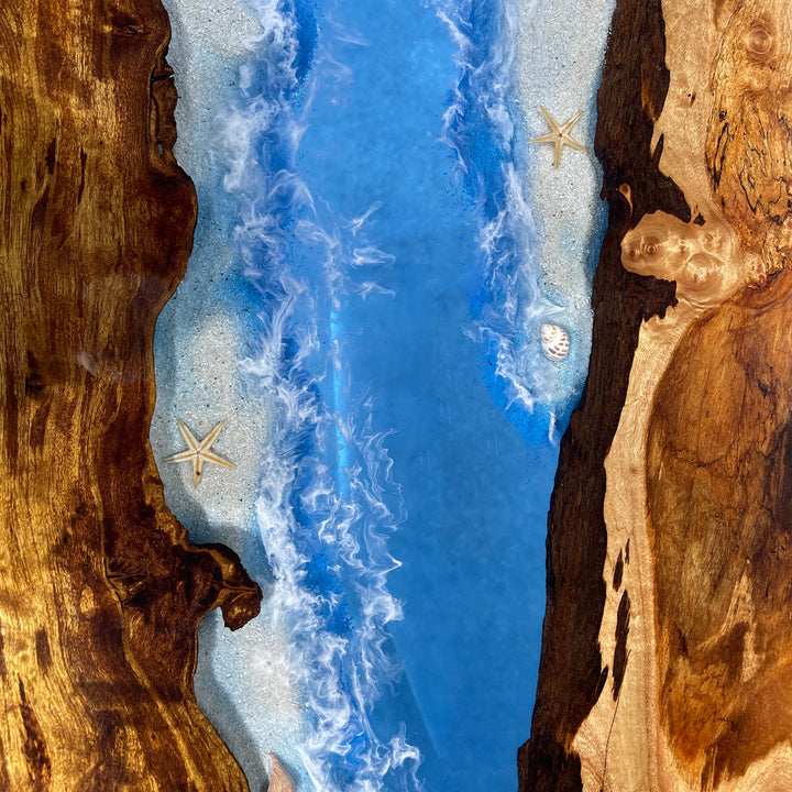 Oversized luxury epoxy resin table with walnut slabs and blue river