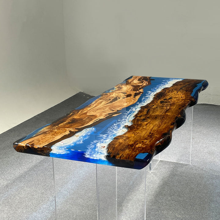Large custom resin dining table with blue ocean epoxy and live edge wood