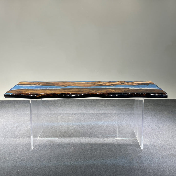 Luxury walnut resin river dining table with epoxy wave effect
