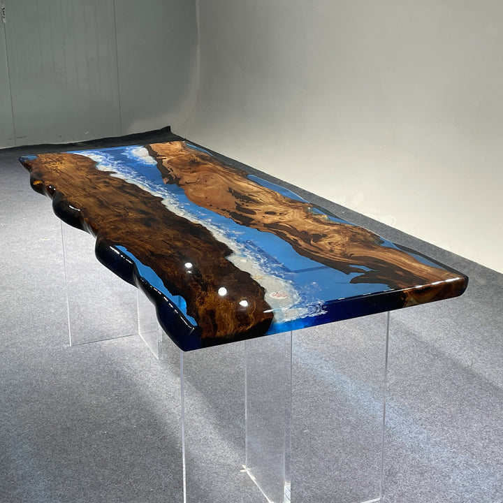 Modern oversized epoxy resin river table with natural wood slabs