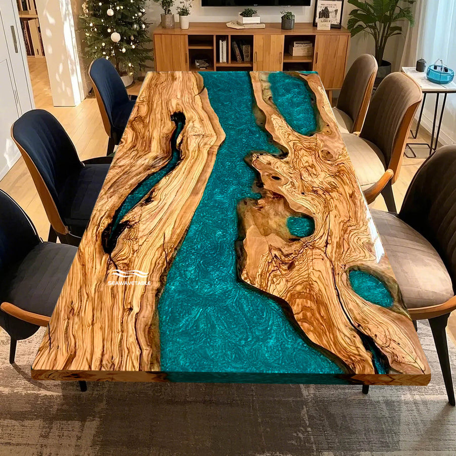 Custom olive wood epoxy resin dining table with turquoise river design