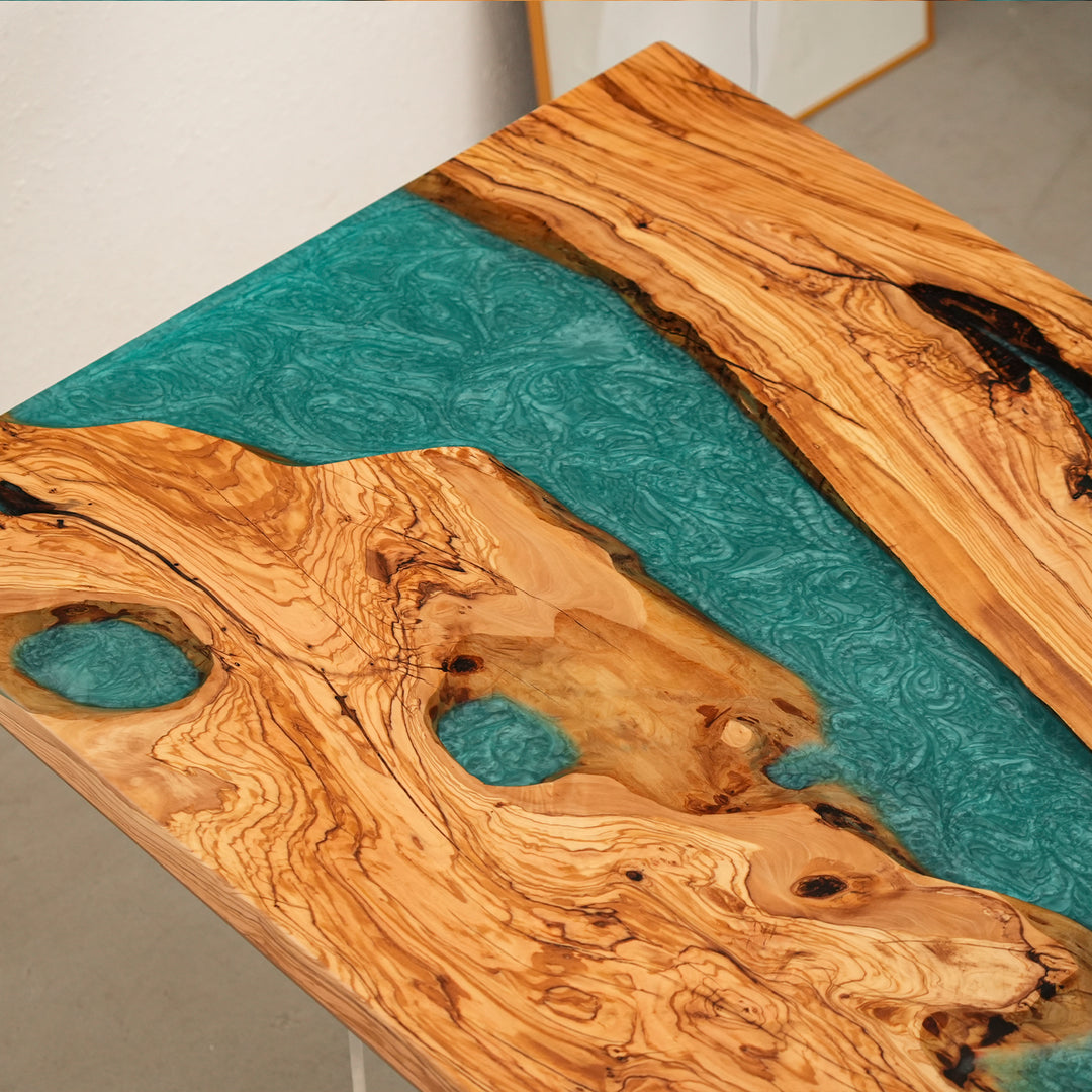 Elegant olive wood and teal epoxy conference table for modern interiors