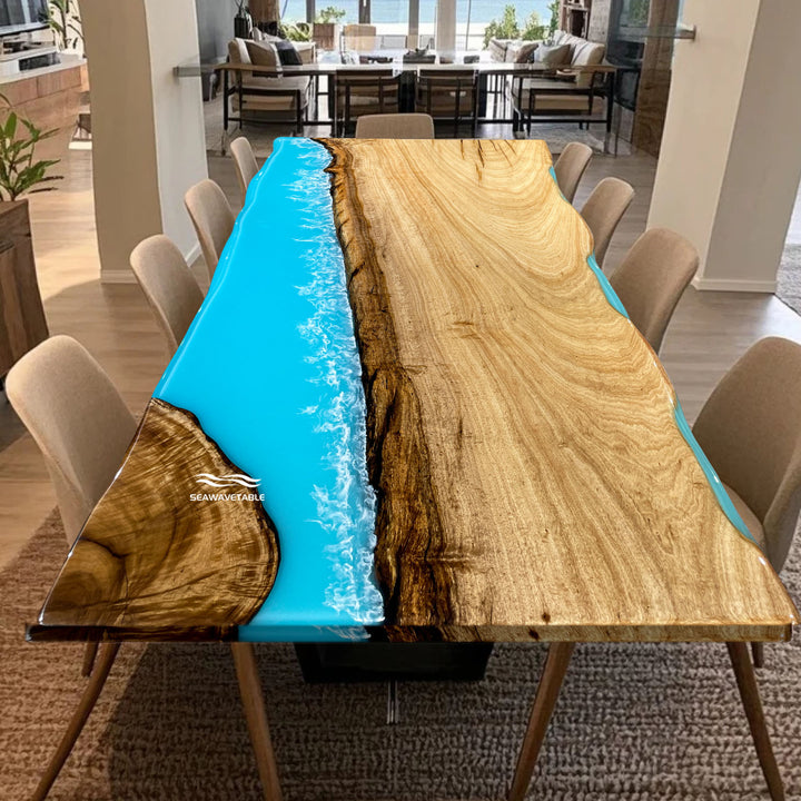 Seawavetable-Custom live edge Golden Camphor epoxy river table with vibrant blue resin