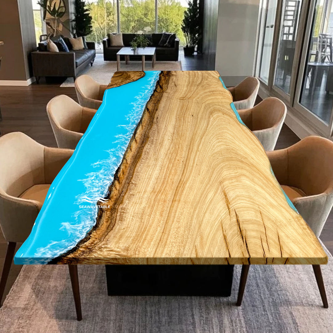 Seawavetable-Golden Camphor wood with ocean-inspired epoxy resin river