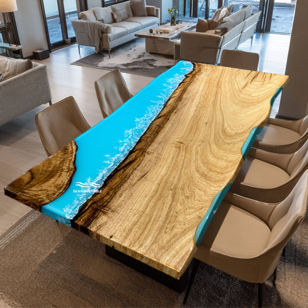 Seawavetable-Luxury live edge table with epoxy resin river flowing through wood