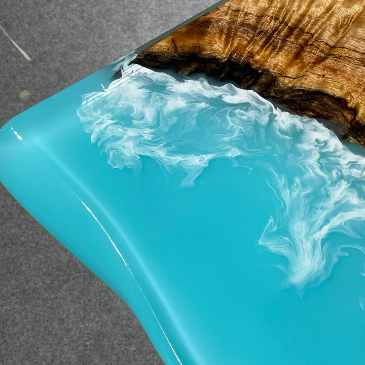 Seawavetable-Custom epoxy table with golden wood and ocean-like resin flo