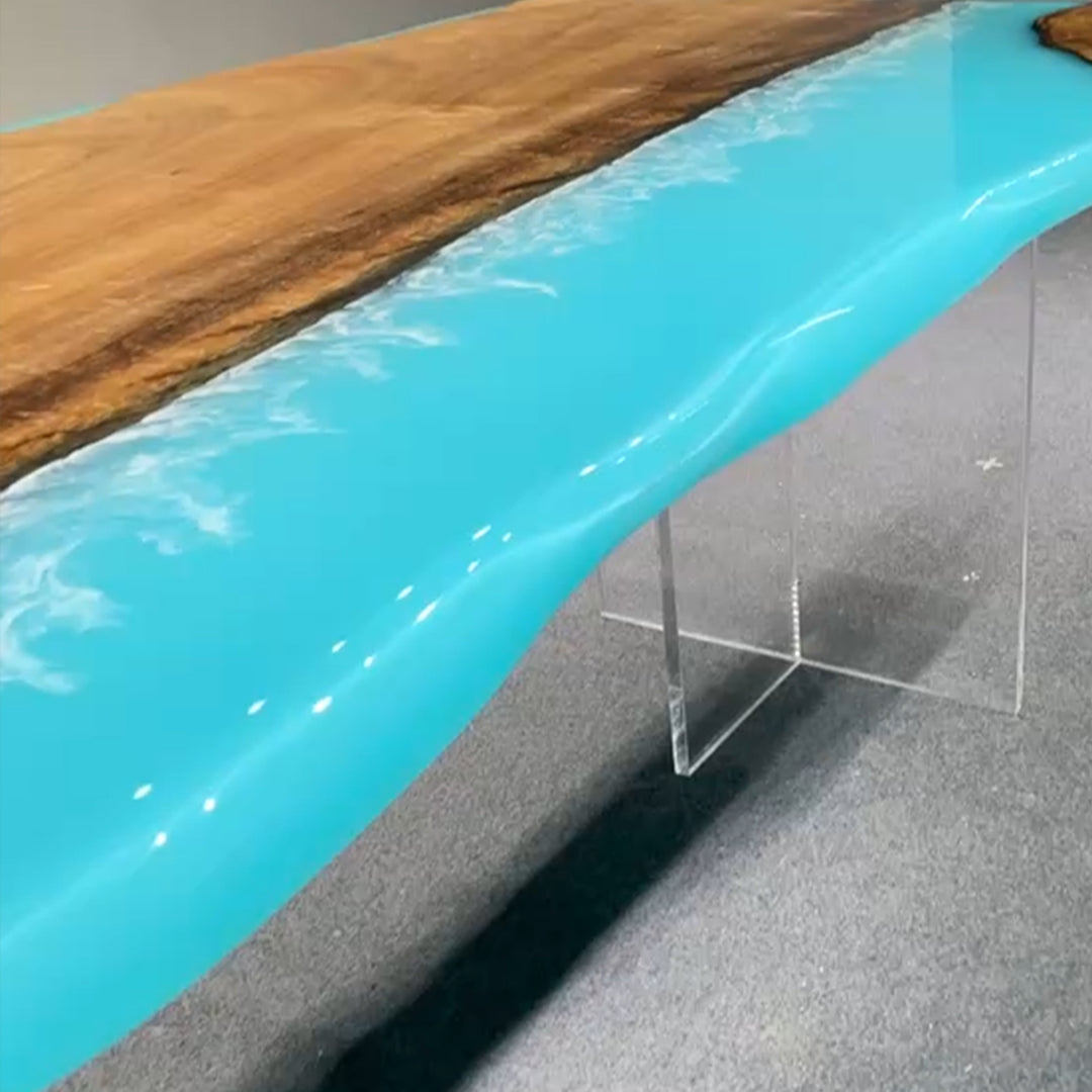 Seawavetable-Luxury epoxy river table with blue resin and live edge wood