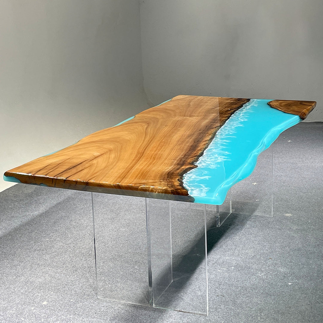 Seawavetable-Handcrafted epoxy river table with unique live edge and ocean blue resin