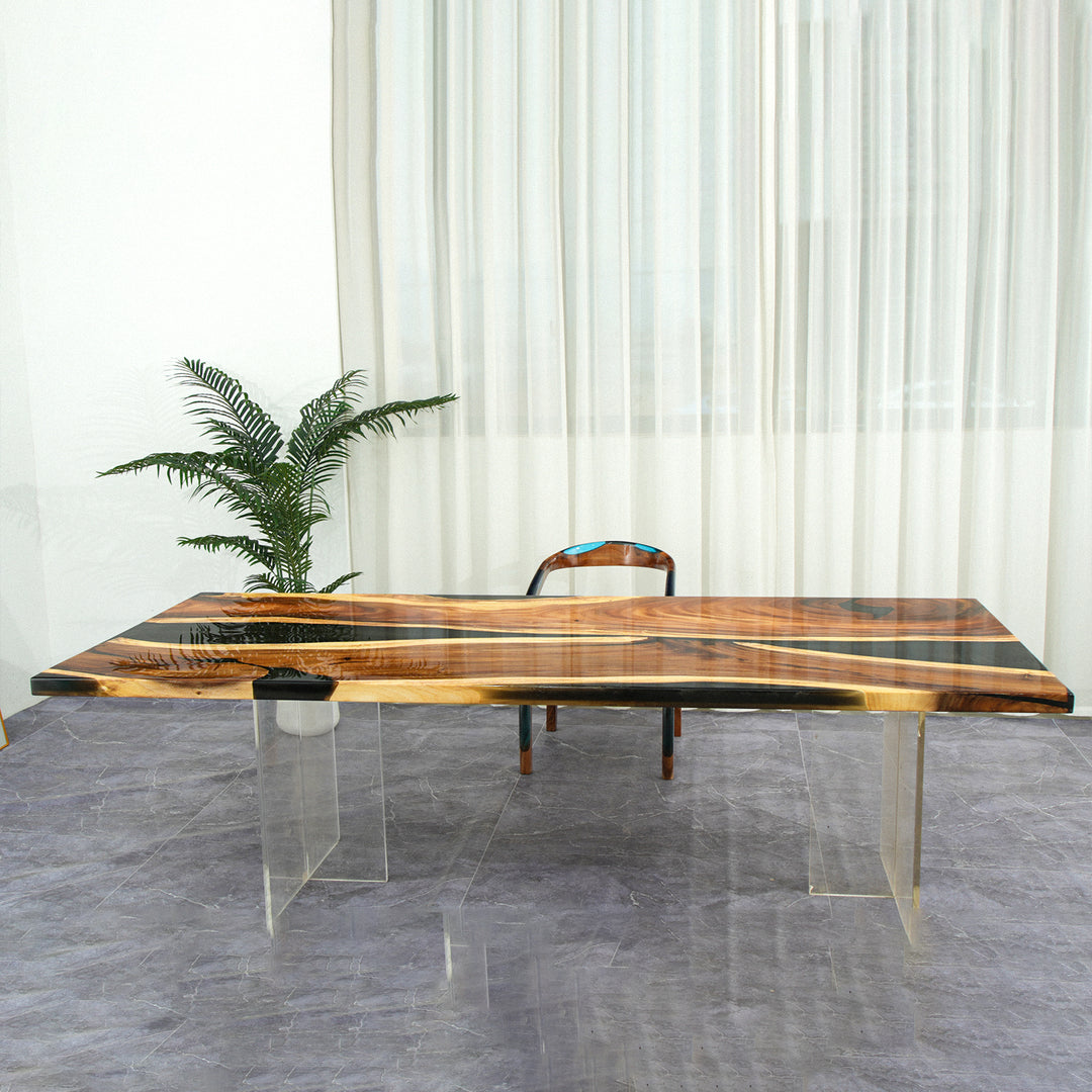 Handmade walnut dining table with smooth black epoxy river