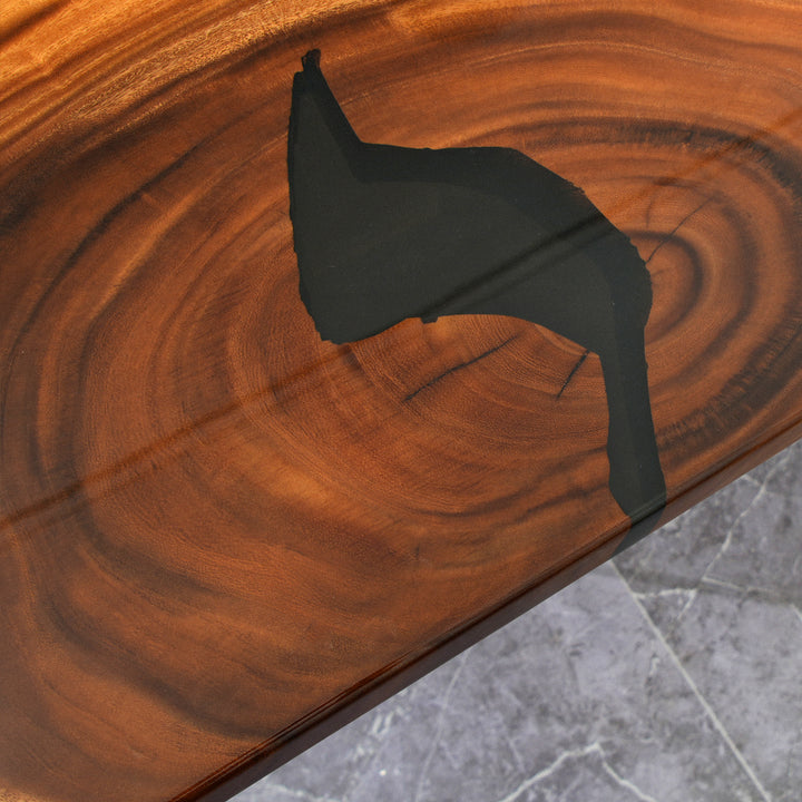 Epoxy resin walnut wood table for use as kitchen island or bar counter