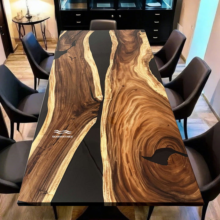 Modern epoxy dining table made of solid walnut wood and black resin