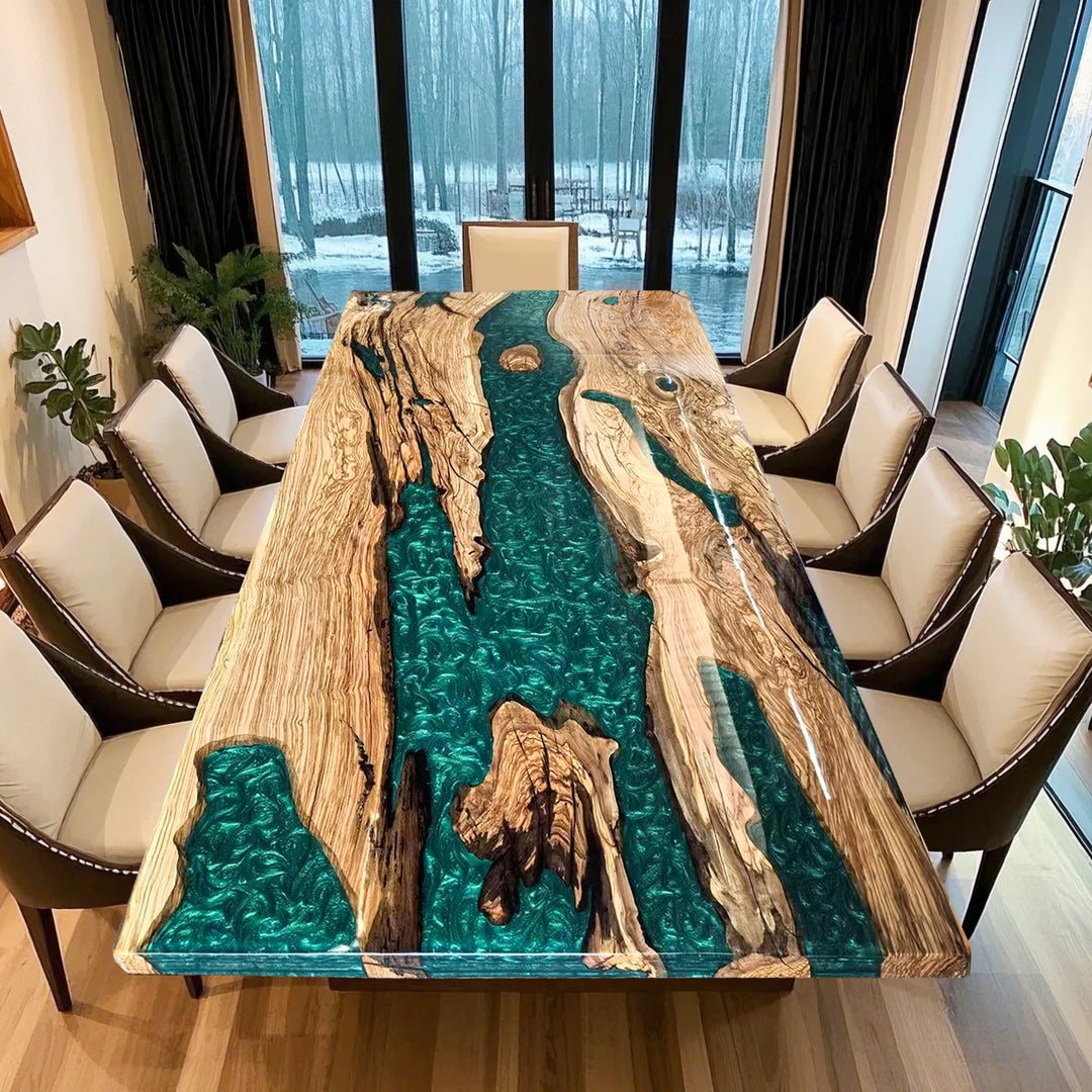 olive wood epoxy table,epoxy river table,epoxy resin wood table,wood table with epoxy,wood epoxy dining table,dining table,olive wood epoxy dining table