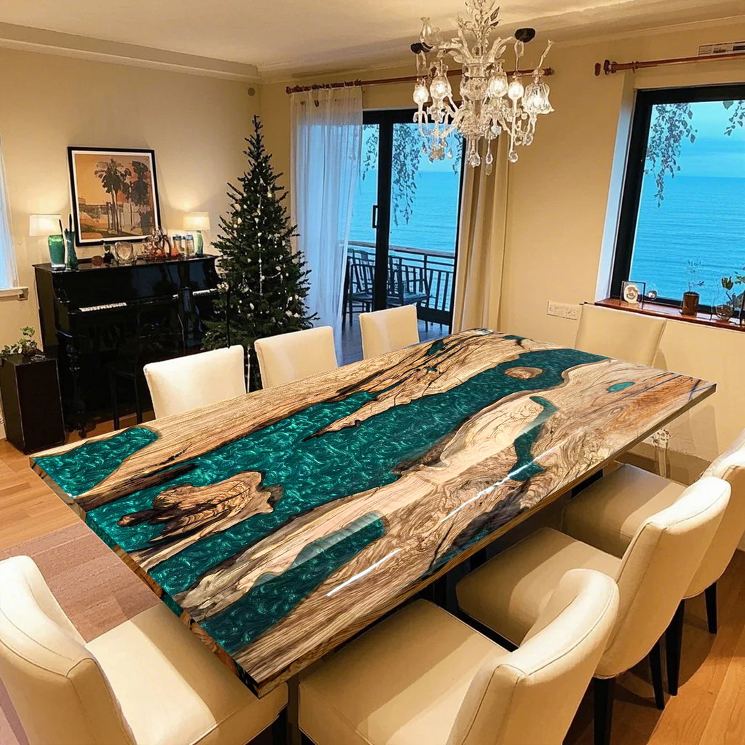 olive wood epoxy table,epoxy river table,epoxy resin wood table,wood table with epoxy,wood epoxy dining table,dining table,olive wood epoxy dining table