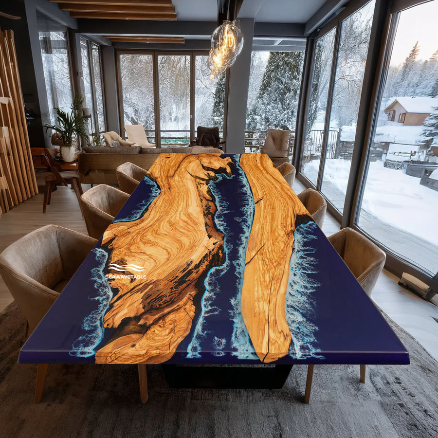 Seawavetable-Olive wood epoxy ocean table with blue resin waves