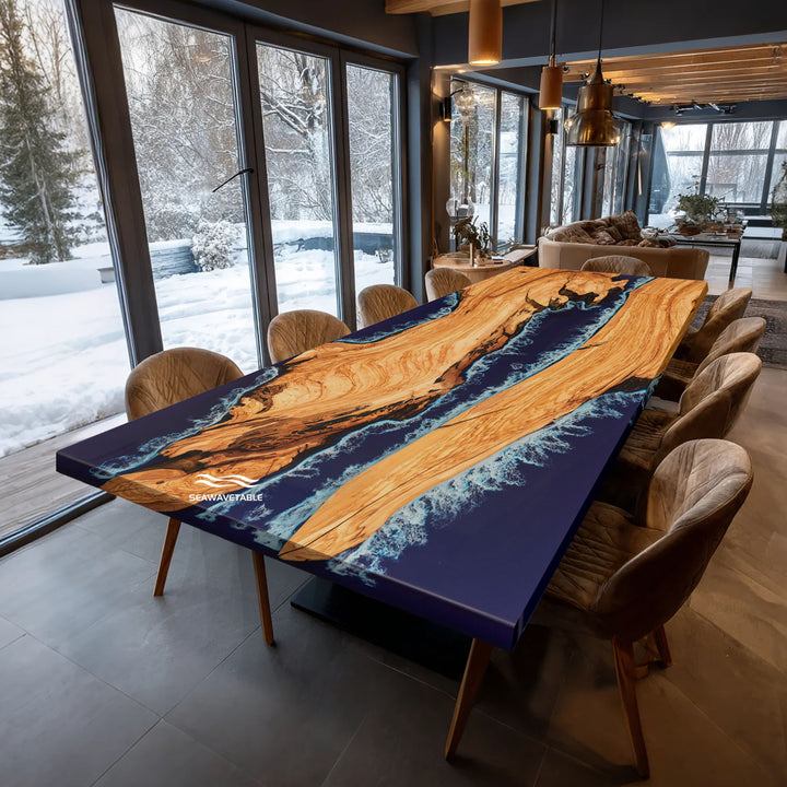 Seawavetable-Rectangular epoxy resin table made from olive wood