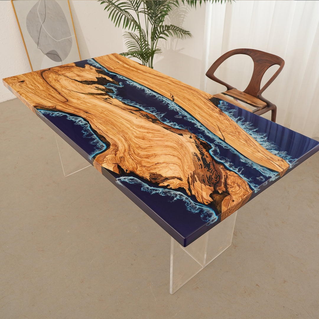 Seawavetable-Olive wood epoxy river table with crashing wave effect