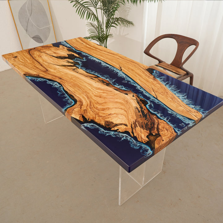 Seawavetable-Olive wood epoxy river table with crashing wave effect