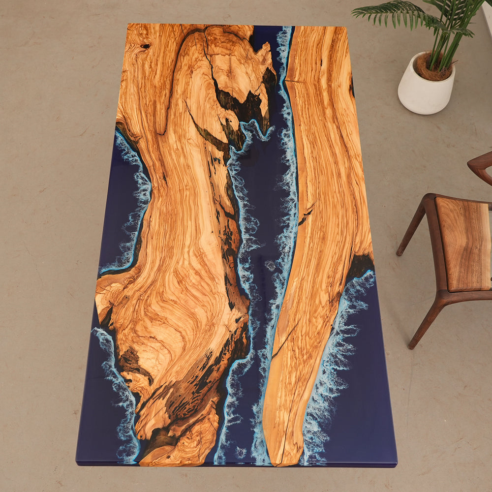 Seawavetable-Epoxy table with natural olive wood and ocean blue resin