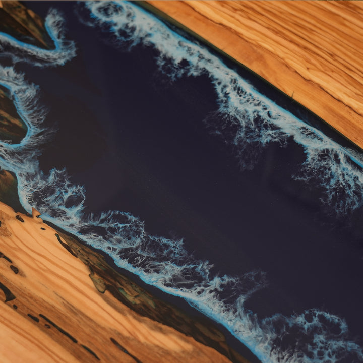 Seawavetable-Custom olive wood epoxy table with marine-inspired resin