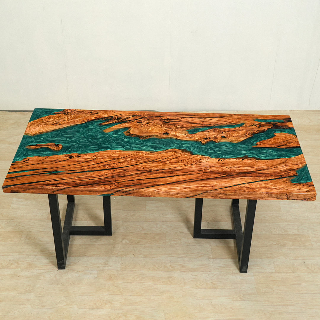 Seawavetable-Artistic epoxy resin wood table with natural olive grain
