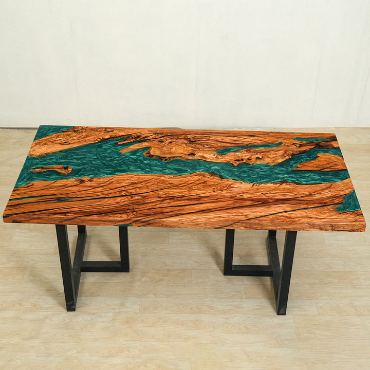Seawavetable-Artistic epoxy resin wood table with natural olive grain