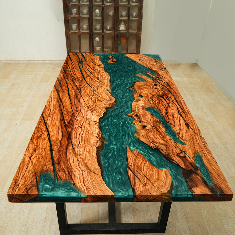 Seawavetable-Wooden table with a green epoxy river design