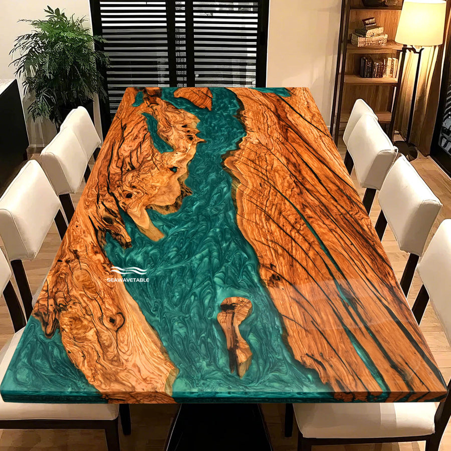 Seawavetable-Dining table with wooden and resin design