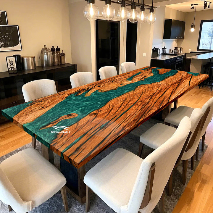 Seawavetable-Custom resin table featuring olive wood and emerald green epoxy