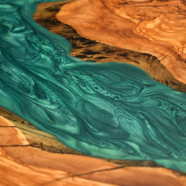 Seawavetable-Olive wood and green resin epoxy table for modern interiors