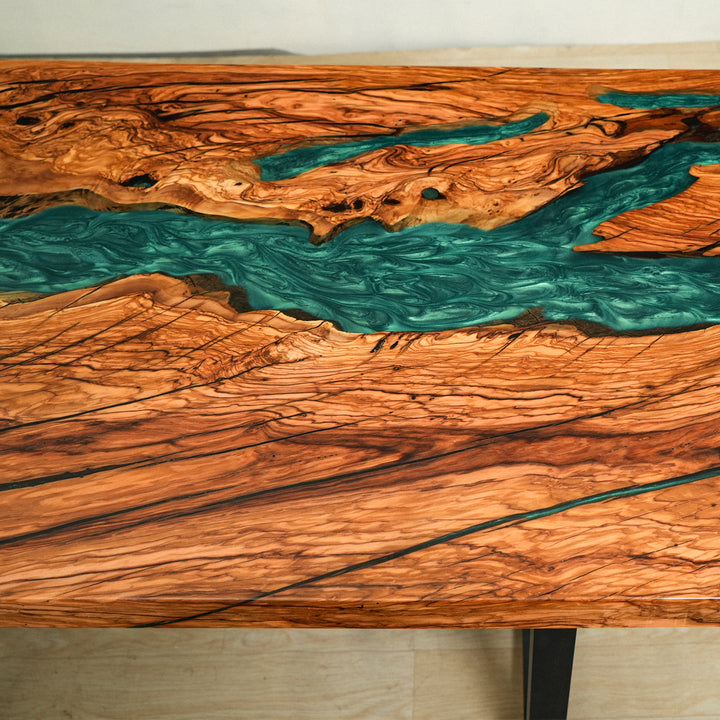 Seawavetable-Wooden table with integrated teal resin design