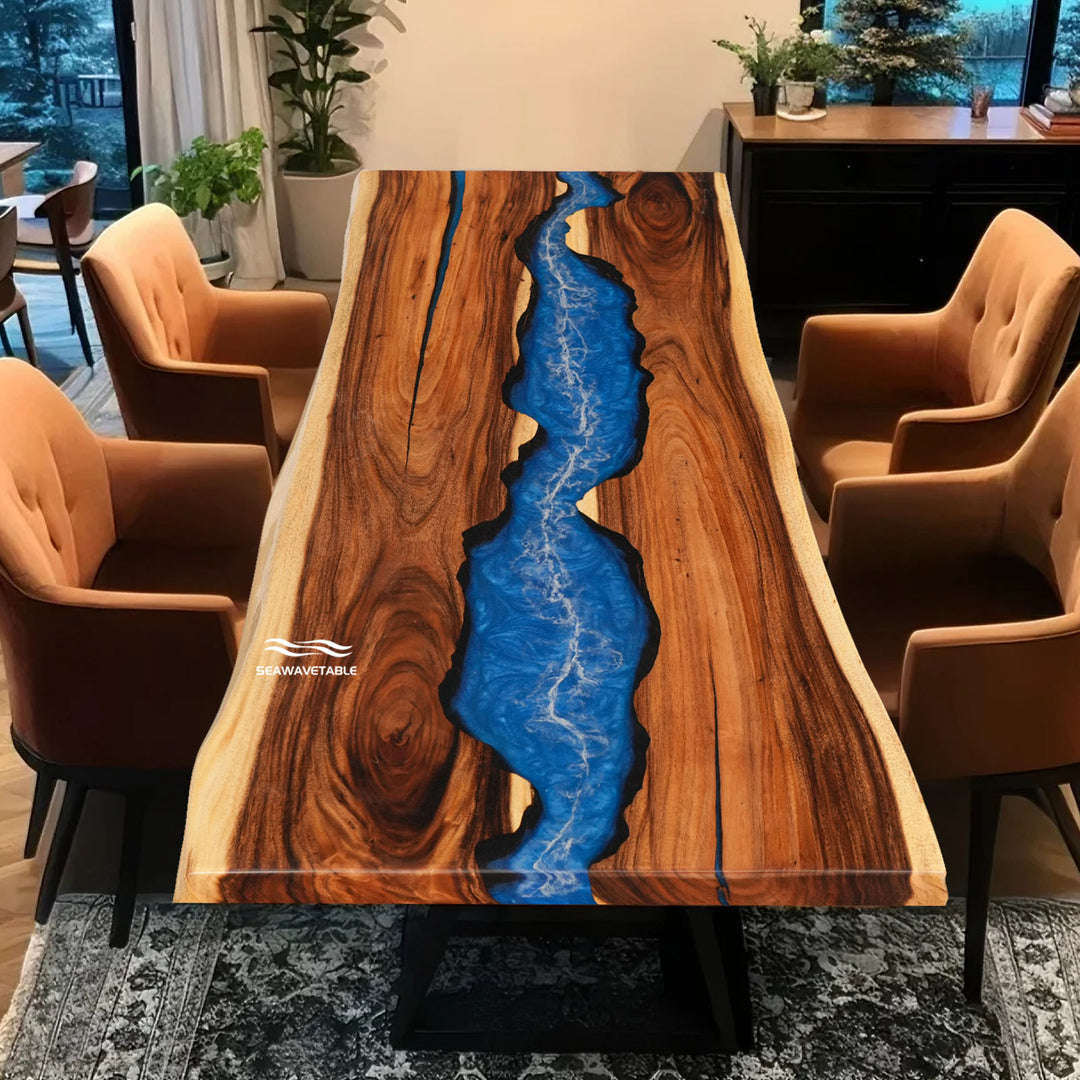 Seawavetable-Handcrafted live-edge dining table with blue epoxy river