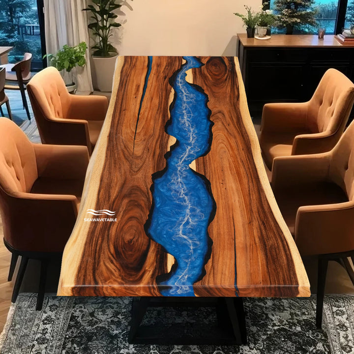 Seawavetable-Handcrafted live-edge dining table with blue epoxy river