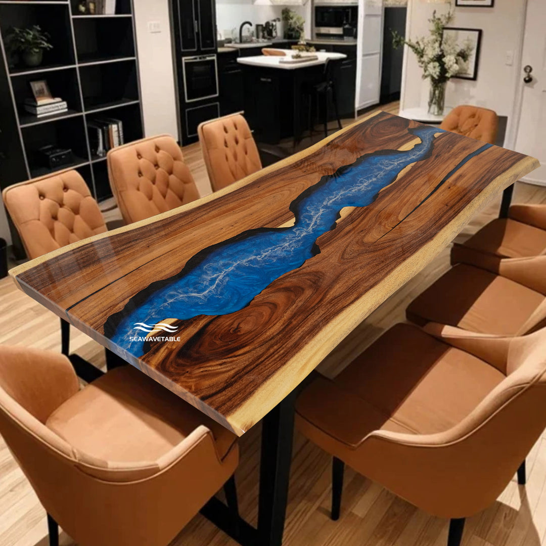 Seawavetable-Artisan blue epoxy river dining table on live-edge walnut