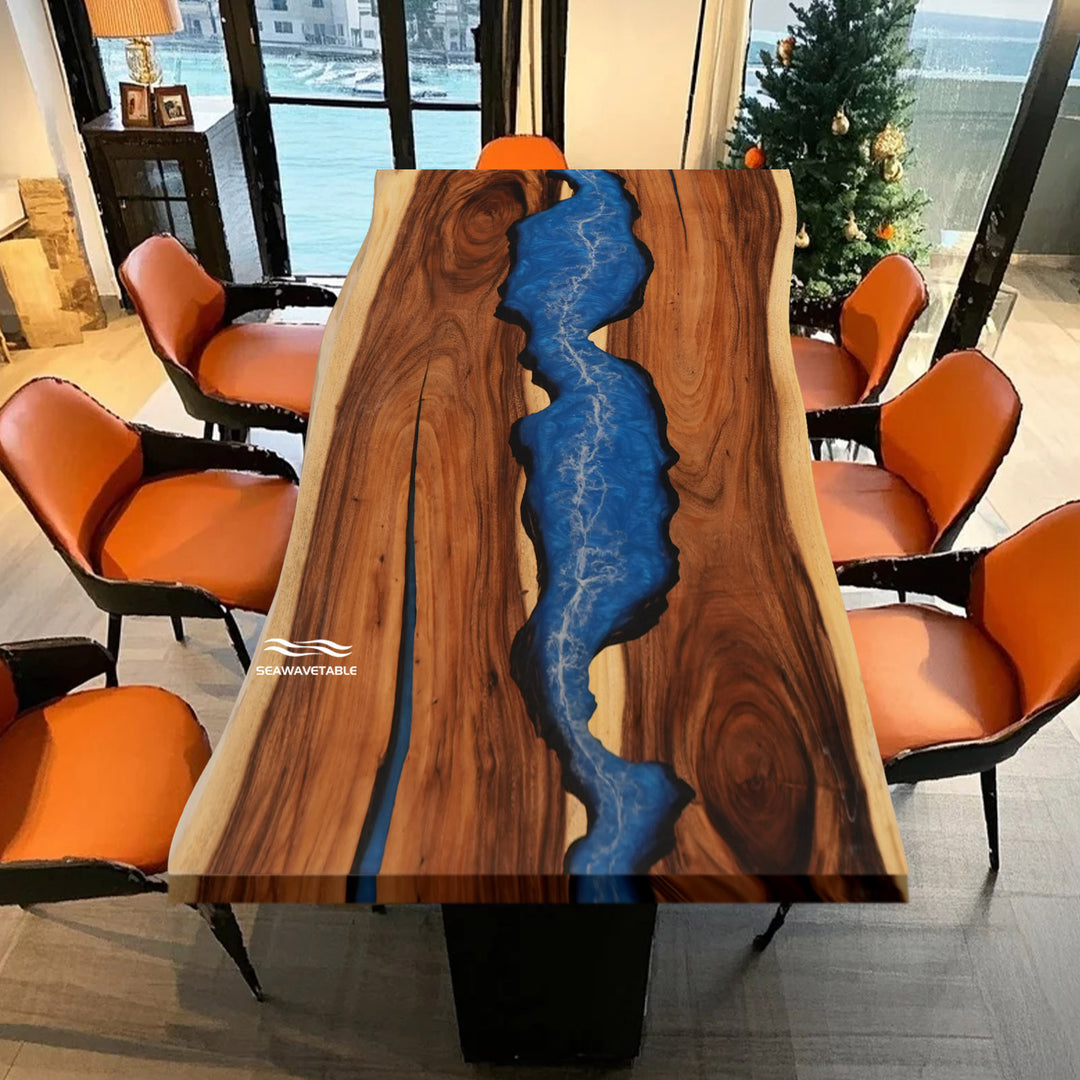 Seawavetable-Modern dining table with natural wood edges and turquoise epoxy inlay