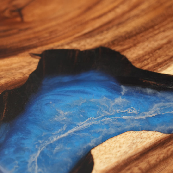 Seawavetable-Natural black walnut table with deep blue epoxy channel, custom size