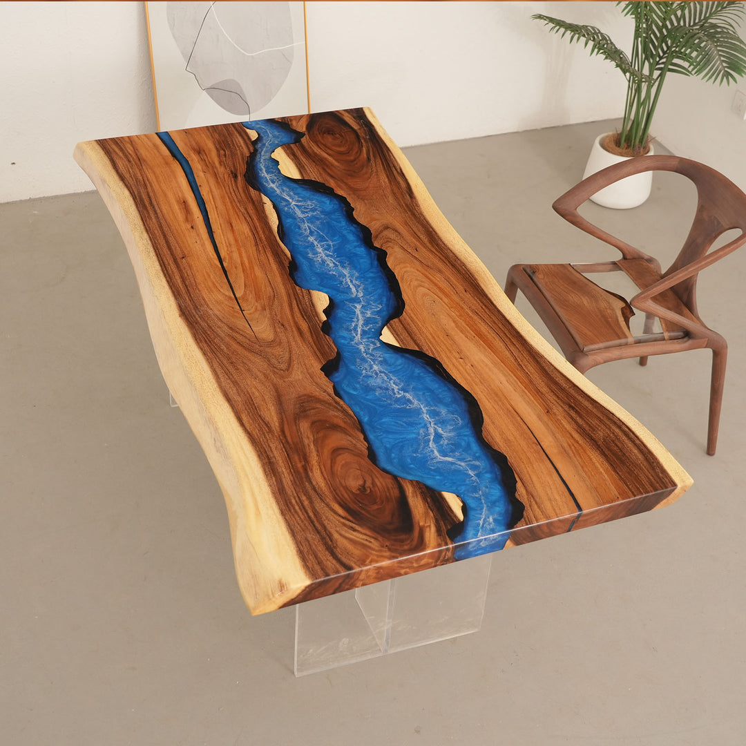 Seawavetable-Custom walnut wood table with translucent ocean-blue resin river flow
