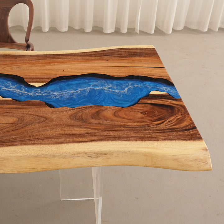 Seawavetable-Sustainable hardwood table with transparent blue resin river flow