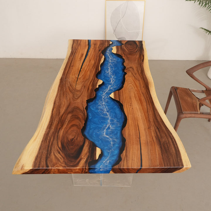 Seawavetable-Natural black walnut table with deep blue epoxy channel, custom size