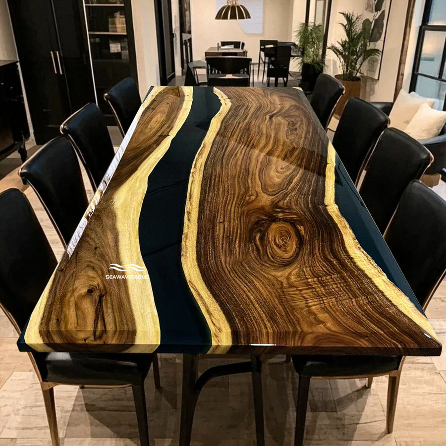Seawavetable-Custom dining table made from walnut wood and semi-transparent resin