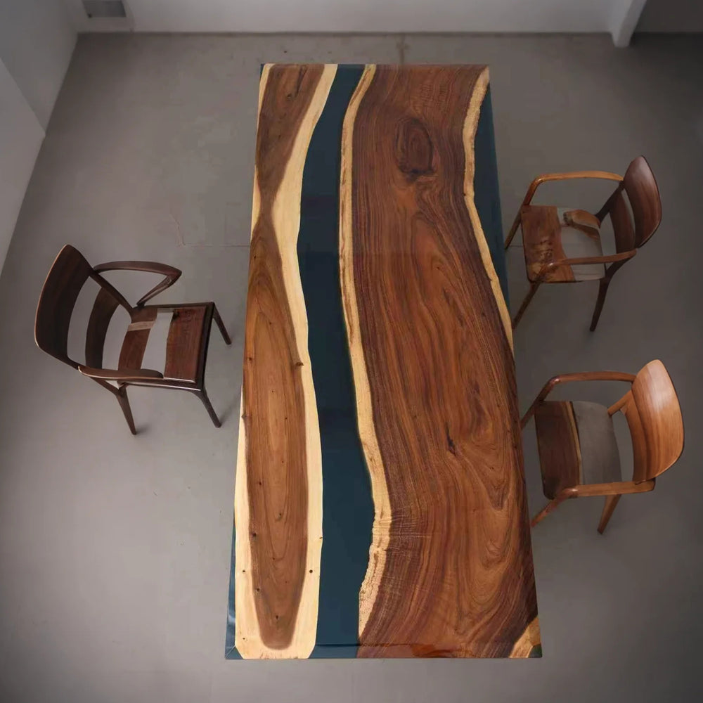 Seawavetable-Glossy walnut epoxy resin table with beveled edges